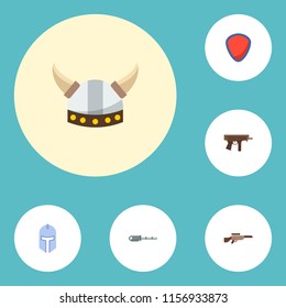 Set of game icons flat style symbols with barbarian, sniper rifle, shield and other icons for your web mobile app logo design.