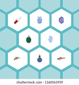 Set of game icons flat style symbols with body armor, sniper rifle, crystal and other icons for your web mobile app logo design.
