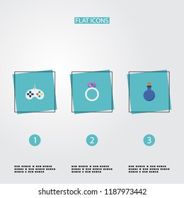 Set of game icons flat style symbols with magic ring, mana potion, joystick and other icons for your web mobile app logo design.