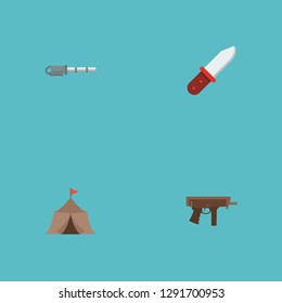 Set of game icons flat style symbols with submachine, infantry knife, gatling gun and other icons for your web mobile app logo design.