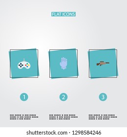 Set of game icons flat style symbols with gauntlet, joystick, sniper rifle and other icons for your web mobile app logo design.