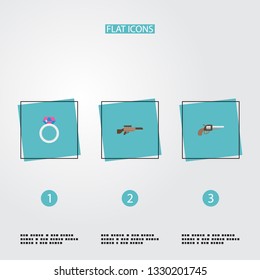 Set of game icons flat style symbols with magic ring, sniper rifle, gun and other icons for your web mobile app logo design.