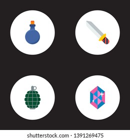 Set of game icons flat style symbols with grenade, sword, mana potion and other icons for your web mobile app logo design.