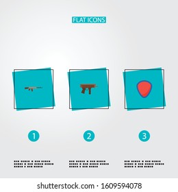 Set of game icons flat style symbols with kalashnikov, submachine, shield and other icons for your web mobile app logo design.