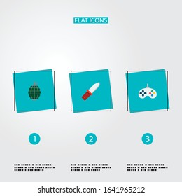 Set of game icons flat style symbols with grenade, infantry knife, joystick and other icons for your web mobile app logo design.