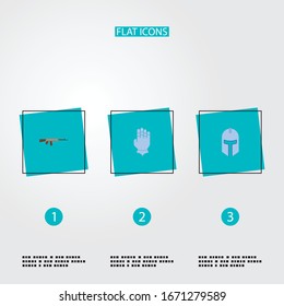 Conjunto de iconos de juego símbolos de estilo plano con kalashnikov, gauntlet, casco caballero y otros iconos para el diseño del logo de tu aplicación móvil web.