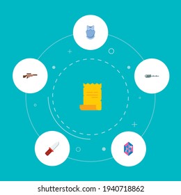 Set of game icons flat style symbols with sniper rifle, infantry knife, gatling gun and other icons for your web mobile app logo design.