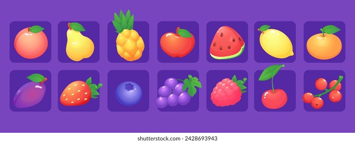 Un conjunto de iconos de juego de frutas y bayas: manzana, fresa, frambuesa, mora, grosella, melocotón, sandía, uvas, ciruela, cereza, pera, mandarina, grosella espinosa, grosella negra, piña, limón.