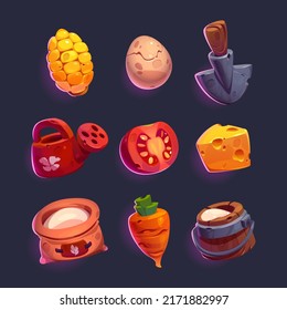 Set of game icons, gardening and farm cartoon elements. Vector wooden milk bucket, watering can, egg and shovel, corn cob and tomato, cheese and carrot, canvas bag with flour