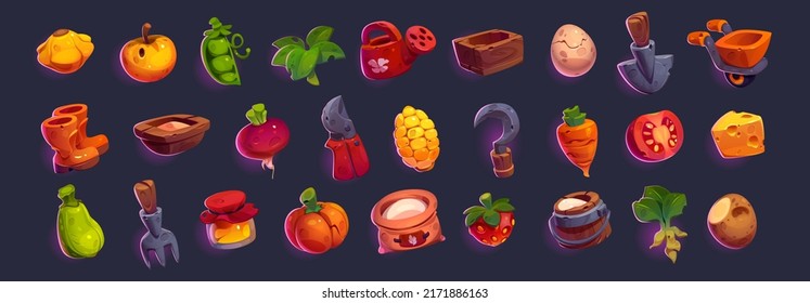 Set of game icons, gardening and farm cartoon elements. Vector milk bucket, apple, squash, green peas and spinach, watering can, wooden box, egg, shovel, and wheelbarrow. Rubber boots, trough or beet