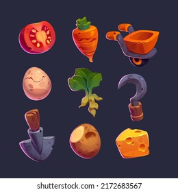 Set of game icons, gardening and farm cartoon elements. Vector green spinach and egg, shovel, metal hook and wheelbarrow, potato and tomato, cheese and carrot