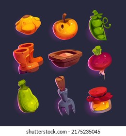 Juego de íconos de juego, jardinería y elementos de dibujos animados de granja. manzana vectorial y calabaza, guisantes y remolacha verdes, trozo y horquilla de madera, botas de goma, calabazas, miel en frasco aislado en fondo oscuro