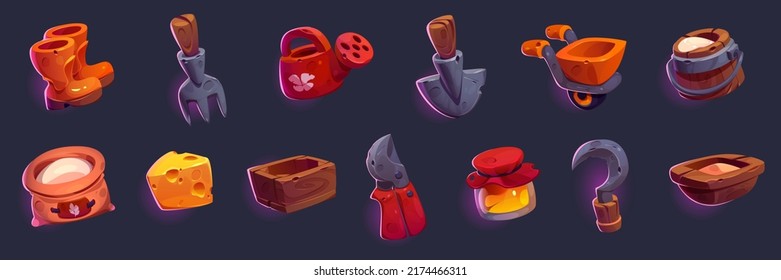 Set of game icons, gardening tools and farm products cartoon Vector watering can, milk bucket, wood box, shovel, wheelbarrow and boots. Trough, sickle, cheese, pitchfork, honey jar and bag of flour