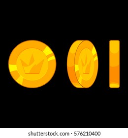 Set of game icons of gold coins with crown. Coin rotation steps vector illustration. Game asset elements collection.