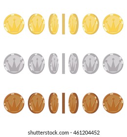 Set of game icons of gold, silver and bronze coins. Coin rotation steps vector illustration. Game asset elements collection.