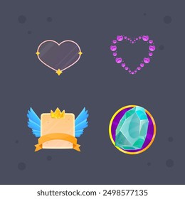 Set Of Game Icons Heart Frames Pop Ups Winner And Gem Isolated Vector Design