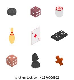 Set of game icons. Items to play dominoes, chess, dice, checkers and lotto. Flat 3D isometric style, vector illustration.