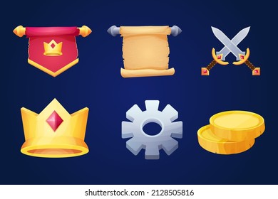 Fijar iconos de juego bandera medieval, pergamino, corona dorada, símbolo de ajuste y monedas en estilo de dibujos animados aislados en fondo blanco. Objetos del menú Colección, elementos reales.