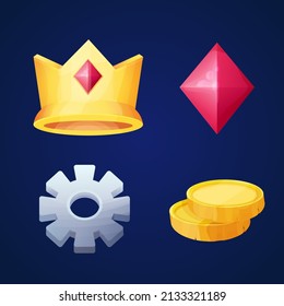 Elabore iconos de juego de la corona medieval de oro, fije el símbolo y la moneda y el cristal en el estilo de dibujos animados aislados en fondo blanco. Objetos del menú Colección, elementos reales.