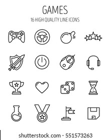 Set of game icons in modern thin line style. High quality black outline gaming symbols for web site design and mobile apps. Simple video game pictograms on a white background.