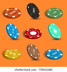 Set of game icons. Multicolored chips for playing in the casino. 3D isometric style, vector illustration.