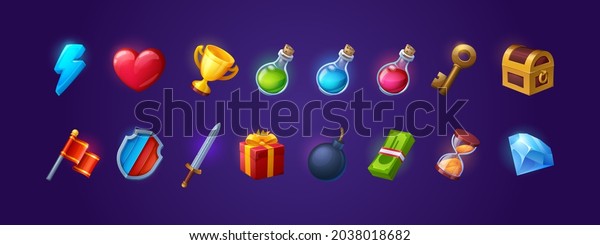 Set of game icons, shield, sword, lightning
flash and heart, golden cup, magic potion flasks, gold key and
treasure chest. Cartoon 3d ui flag, gift box, bomb and money bills,
hourglass and brilliant