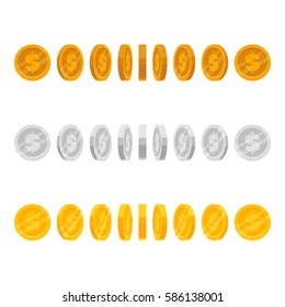 Set of game icons of silver, gold and bronze coins with crown isolated on white background. Coin rotation steps vector illustration. Game asset elements collection.
