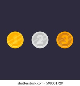 Set of game icons of silver, gold and bronze medals with numbers isolated on black background. Game asset elements collection vector illustration.