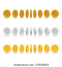 Set of game icons of silver, gold and bronze coins isolated on white background. Coin rotation steps vector illustration. Game asset elements collection.