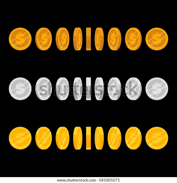 黒い背景に銀 金 青銅のコイン と冠のゲームアイコンセット 硬貨の回転ステップのベクターイラスト ゲームアセットエレメントのコレクション のベクター画像素材 ロイヤリティフリー