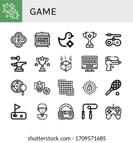 Set von Spielsymbolen. Paintball, Poker, Spielautomat, Shooting Gallery, Trophy, Spielkonsole, Anvil, Dice, Online-Glücksspiel, Wasserpistole, Ziel, Basketball, Pixels, Spielsymbole