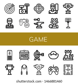 Set of game icons such as Target, Referee, Scratching post, Game, Poker, Anvil, Cricket, Cheerleader, Trophy, Basketball, Sticks, Slot machine, Skipping rope, Bean bag , game