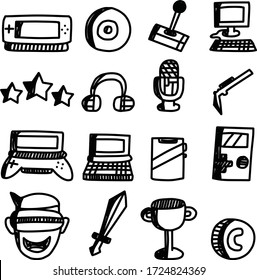 Un juego de iconos de juego adecuado para cualquier contenido de juego con estilo de caricatura de doodle