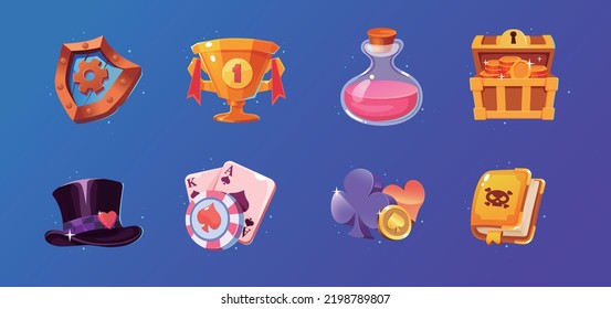 A set of game ICONS. Trophies. Magic potions. Poker. Magic.