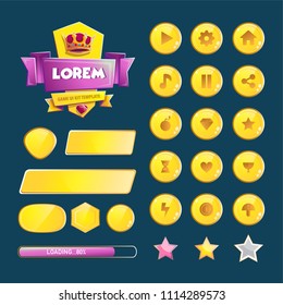 Set of game interface (buttons, progress bar, resource icon and fields for game). Vector illustration.