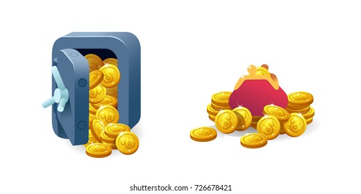 Set for game interface. Vector illustration. Treasure of gold coins on transparent background.Concept safe, purse.Icons cartoon for web.Metal bank safe. Casino. Dollars in box deposit and moneybag.