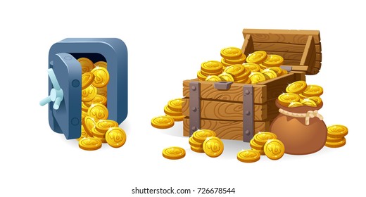 Set for game interface. Vector illustration. Treasure of gold coins on transparent background. Safe.Icons cartoon coins for web. Metal bank safe. Casino. Dollars in box deposit and moneybag.