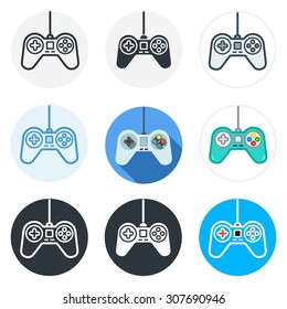 Set of game joystick icons in different styles isolated on white background.