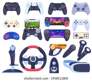 Set of game joysticks, gamepads, steering wheel, virtual reality glasses. Gadgets for video games.