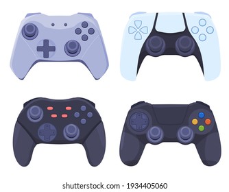 Juego de joysticks para videoconsolas modernas. Gadgets para videojuegos. Ilustración vectorial en fondo blanco