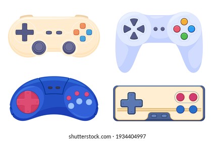 A set of game joysticks for old video game consoles. Gadgets for video games. Vector illustration on a white background