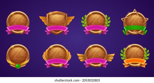 Set Of Game Level Ui Icons, Empty Wooden Shields With Banners, Wings Or Star Shape And Laurel Wreaths, Isolated Award Frames Or Bonus Graphic Elements, Reward, Trophy Achievement And Prize For Rpg