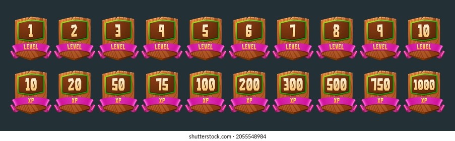 Set of game level ui icons, wooden shields with banners and xp rate isolated app buttons, award or bonus graphic design elements, reward, trophy achievement and prize for rpg experience or skills