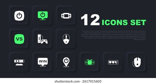Set Game life bar, Computer mouse, console with joystick, Portable video game, VS Versus battle, Medal, Power button and  icon. Vector