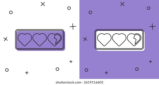 Set Game life bar icon isolated on white and purple background. Health heart bar.  Vector