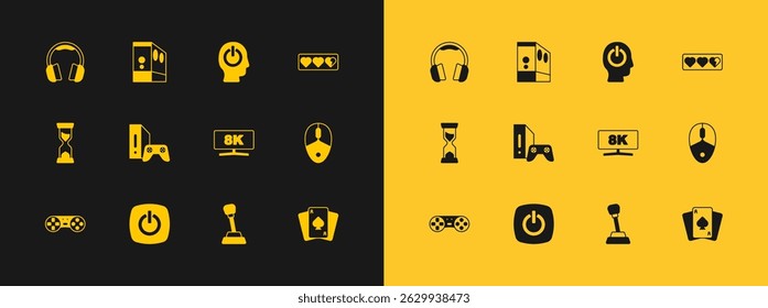 Defina a barra de vida do jogo, botão de energia, monitor do computador, mudança de engrenagens, console com joystick, fones de ouvido e Caso do ícone do computador. Vetor