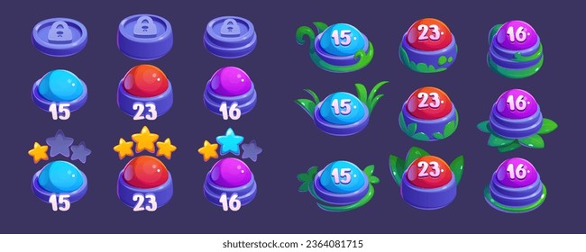 Set of game map buttons isolated on background. Vector cartoon illustration of level indicators with lock, star icons, marked with colors, decorated with green plants, mobile app design elements