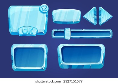 Set game menu assets ice buttons, interface elements 2d in cartoon style isolated. Blocks, shapes frozen gui panels, sliders, arrows.