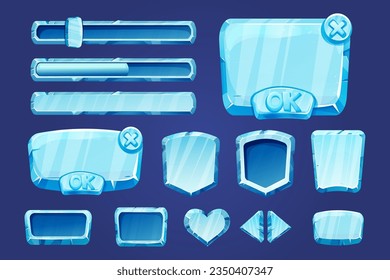 Set game menu assets ice buttons, interface elements 2d in cartoon style isolated. Blocks, shapes frozen gui panels, sliders, arrows.