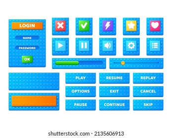 Set game menu elements block toy texture. Cartoon buttons, options, progress bars ui design interface. User setting panel boards with slider, stop, pause and arrows, flash or star keys, Vector icons